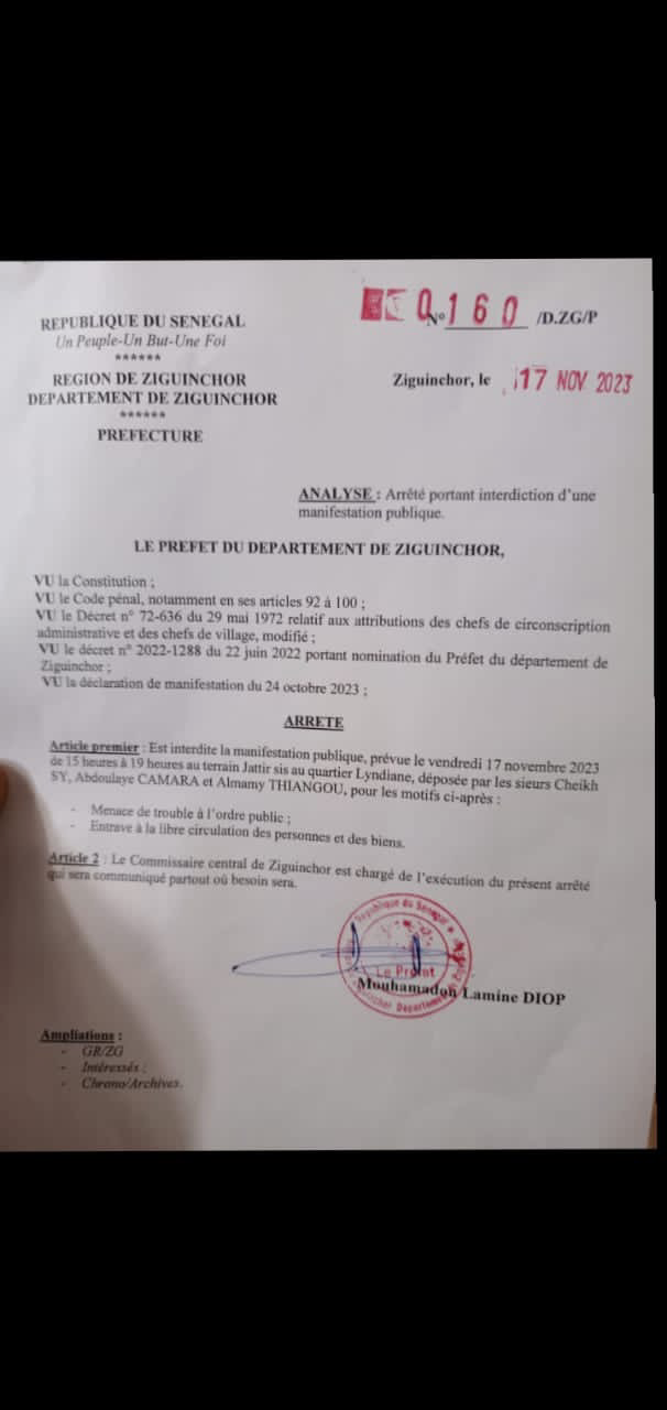 Ziguinchor le préfet interdit la manifestation de ce vendredi SenePoste